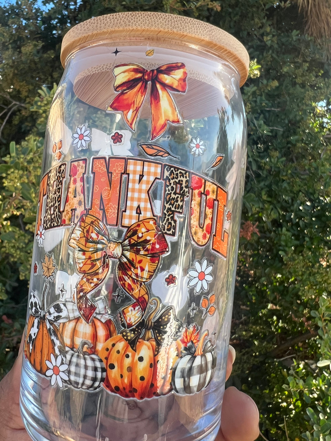 “Thankful” Seasonal Glass Can